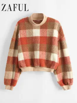 

Zaful Contrast Plaid Women Causal Sweatshirts Autumn O-Neck Long Sleeves Female Pullovers Loose Faux Fur Patchwork Femme Hoodies