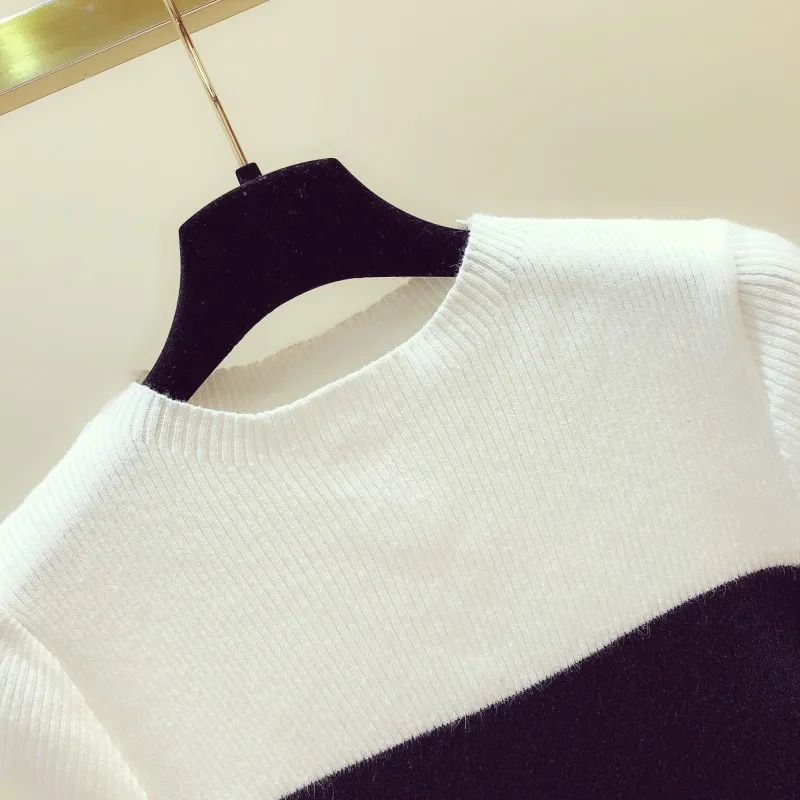 Black and White Color Block Round-Neck Off-Shoulder Long-Sleeve Knit Top Women's 2020 Spring New Slim Sweater Ladies Jumper Black and White Color Block Round-Neck Off-Shoulder Long-Sleeve Knit Top Women's 2020 Spring New Slim Sweater Ladies Jumper