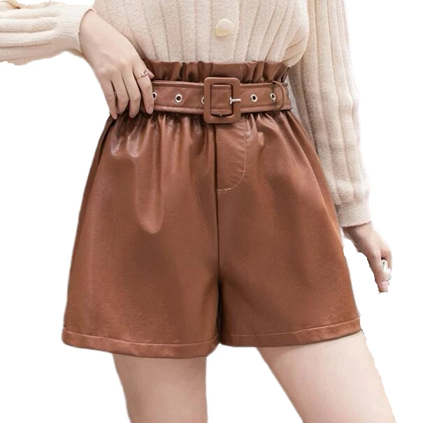

Black,Khaki Elastic Waist Leather Shorts Autumn and Winter Korean Women High Waist Loose PU Leather Shorts Belt S-3XL