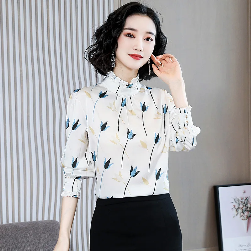 

High Imitation Important Silk Shirts Women's 2020 Spring New Style Ruffled Collar Mulberry Silk Shirt Slimming Printed Shirt