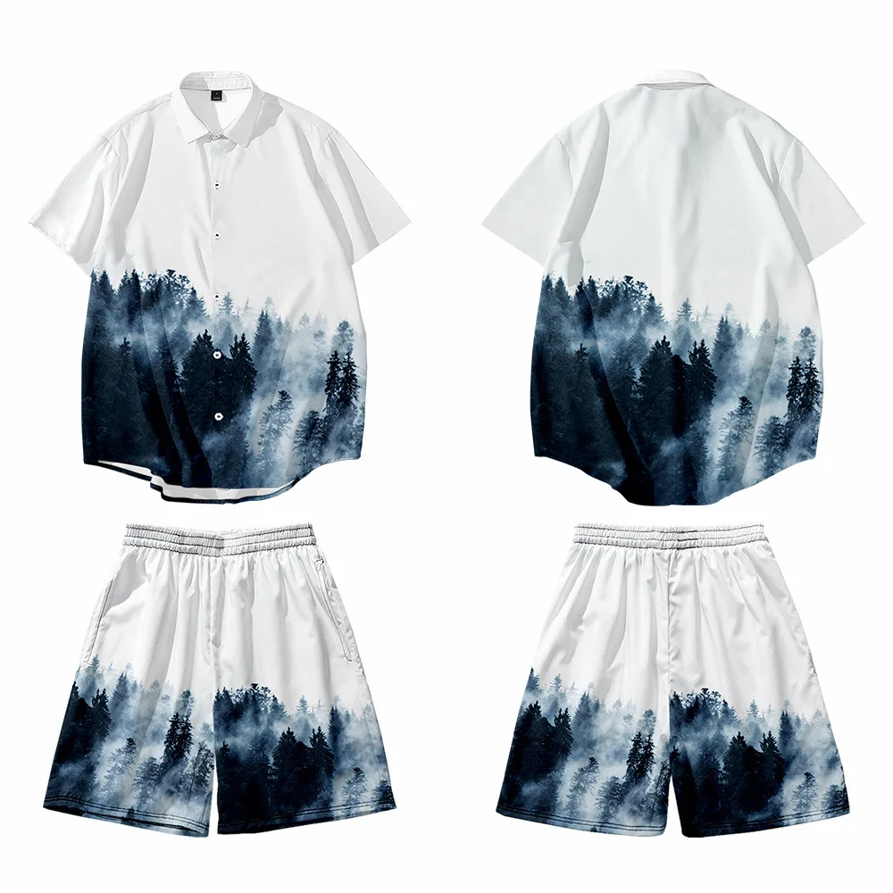 

Spring and Autumn Thin Non-hooded Short Sleeve Smoke Stretching Forest Digital Printing Vacation Leisure Beach Pants Set