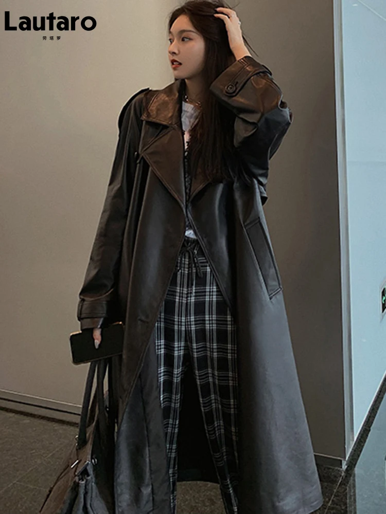 lautaro-autumn-long-oversized-black-faux-leather-trench-coat-for-women-belt-double-breasted-loose-stylish-korean-fashion-2023