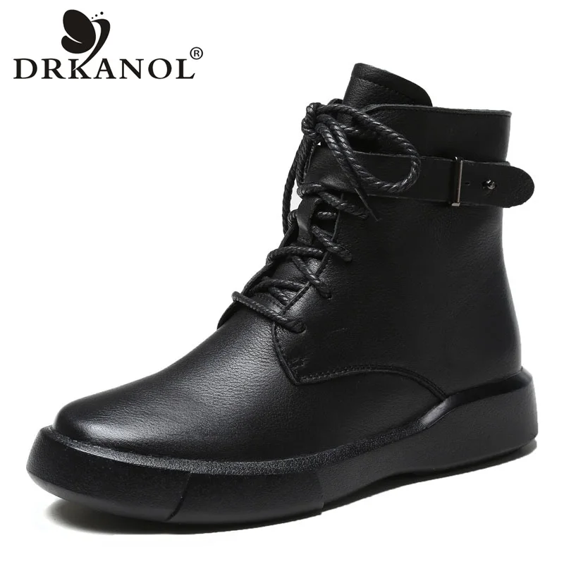 

DRKANOL 2023 Handmade Genuine Leather Casual Flat Boots Women Warm Shoes Autumn Winter Ankle Boots Female Round Toe Women Boots