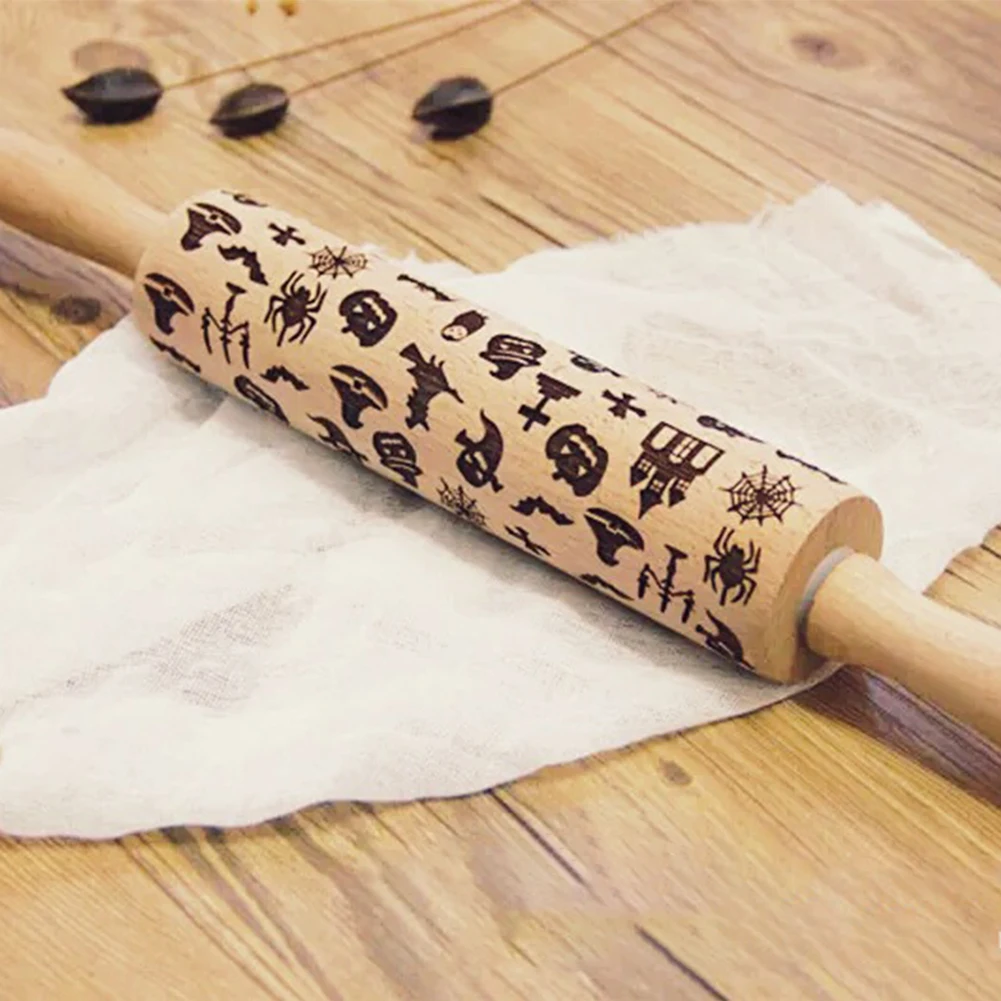 

Portable Halloween Engraved Non-stick Wooden Baking Tool Embossing Kitchen Rolling Pin Craft Decorating Cookie Durable Noodle