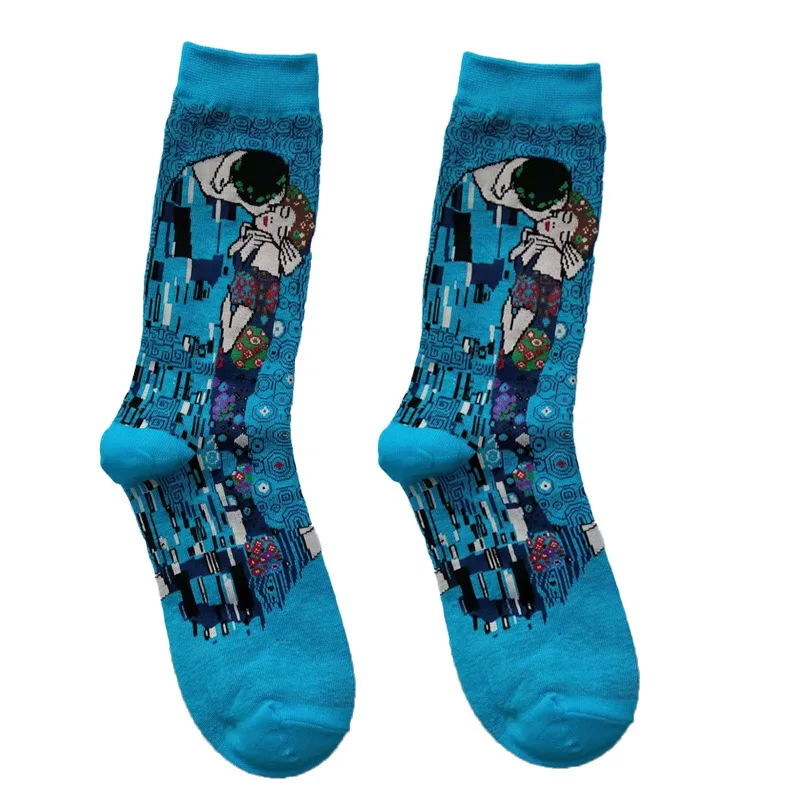 MUXNSARYU/1 пара носков; Мужские Носки с рисунком Моны Лизы; хлопковые носки для мужчин с рисунком Ван Гога, масляной живописи, звездного неба - Цвет: Blue wedding