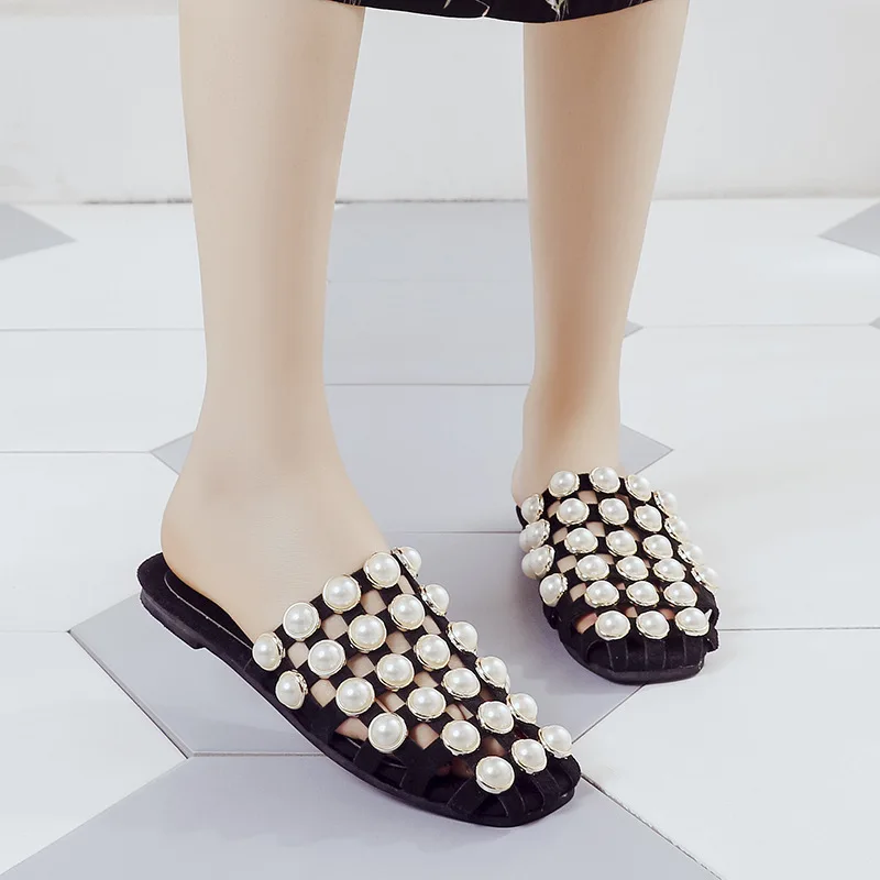 

Women Shoe2018 Summer New Style Pearl Hollow out ban tuo xie Women's Modern And Trendy/women Outer Wear Slippers Women's Flat