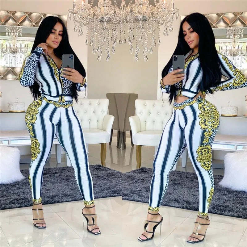 Spring Sexy Lady Set 2 Pieces Crop Top And Long Pant Suit Female Sexy Tracksuit Zipper Fly Coat Long Skinny Pants Sets