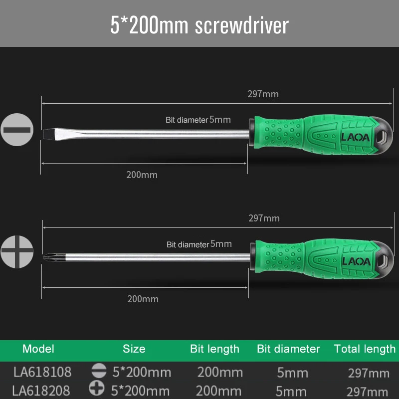 LAOA промышленные S2 отвертки шлицевые и Phillips отвертки набор Высокое качество бытовые ручные инструменты - Цвет: 5x200 Sl. and Ph.