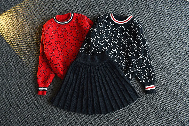 Детская одежда для девочек, сексуальный комплект со свитером для маленьких девочек, вязаное платье в клетку со свитером