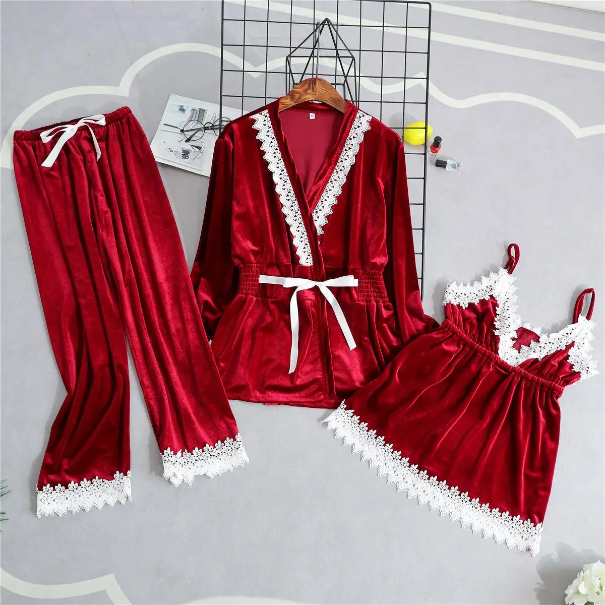 3PCS Robe Set 4 3 шт., сексуальный кружевной Женский бархатный халат, набор, одежда для сна, кимоно, халат, одежда для сна, Пижамный костюм, осенняя новая велюровая Домашняя одежда, M L XL - Цвет: 3PCS Robe Set 4