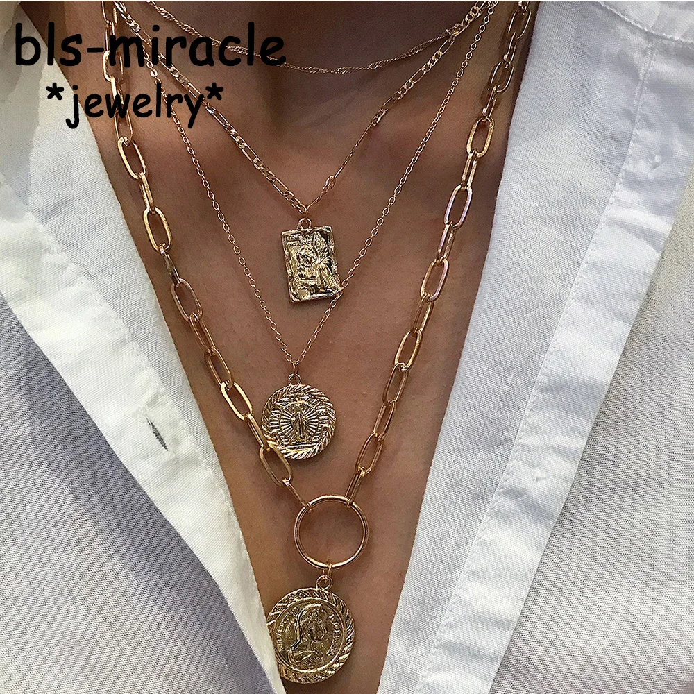 Bls-miracle 4 шт./компл. Золотые круглые ожерелья в стиле панк с монетами для женщин