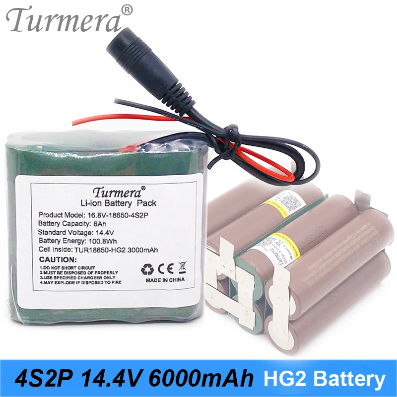 

Turmera 14.4V 16.8V 6000mAh 4S2P Lithium Battery Pack TUR18650HG2 3000mAh 30A Battery Cell with 40A BMS for Screwdriver Battery