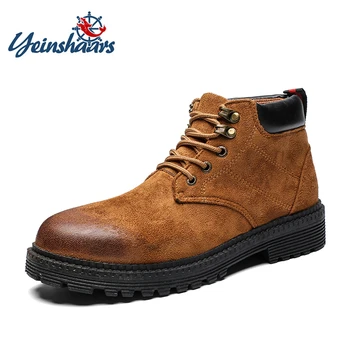 

YEINSHAARS Leather Ankle Boots High Quality Warm Mens Boots Casual Lace-Up Comfortable Working Shoes Fashion Men Leather Boots