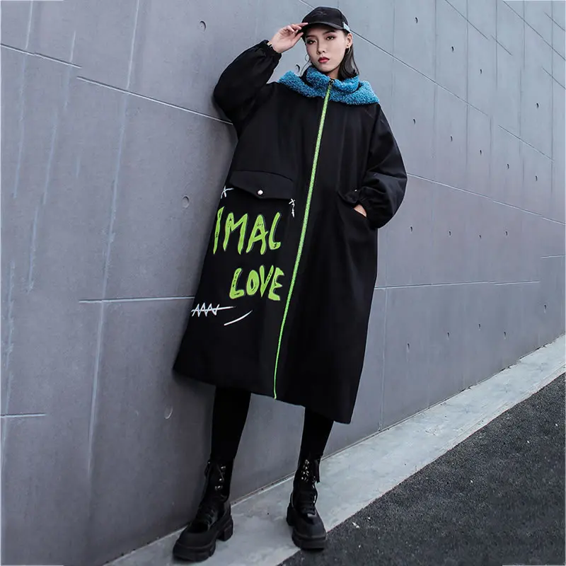 XITAO Letter Cartoon Printing Park Women Long Contrast Color Hooded Parka Loose Plus Size Autumn Winter Clothes Women GCC2884