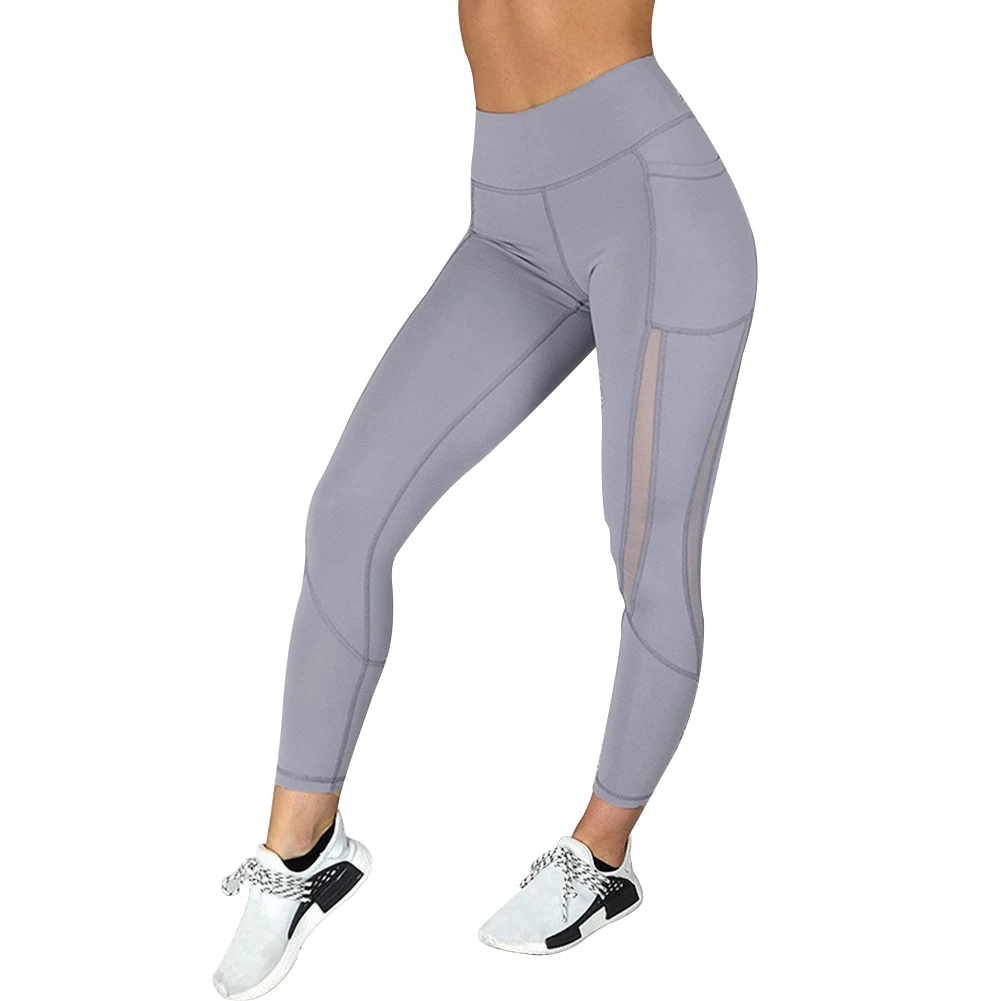 Women Yoga Pants Mesh Solid High Waist Fitness Running Casual Pocket Training Leggings Fashion Sports Long Adults Polyester