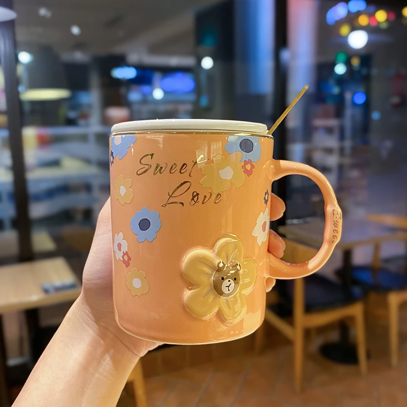 Embossed Flower Ceramic Cup with lid spoon Drinkware Ceramic Coffee Mug