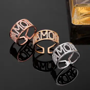 

Hollow Design cubic zirconia AMORE letter Adjustable Rings For Women one-size love Rings Fashion IT Word trendy Jewelry Party