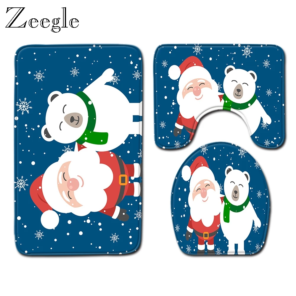 Zeegle Merry Christmas Mat Set for Bathroom Decoration 3PCS Toilet Mat Set Bath Absorption Floor Mat Washable Bath Foot Rug