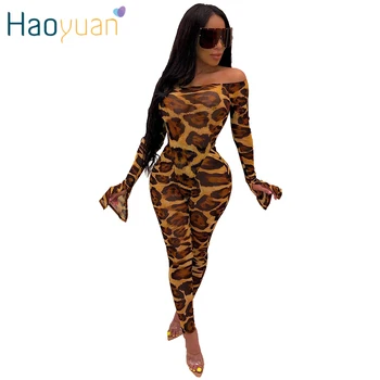 

ZOOEFFBB Leopard Print 2 Piece Set Off Shoulder Bodysuit+Pant Flare Sleeve Women Festival Clothes Sexy Club Outfits Matching Set