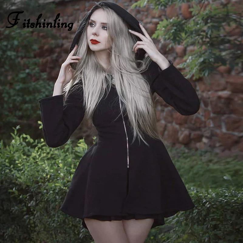 

Fitshinling Goth Dark Autumn Dress Women Harajuku Fashion Punk A Line Dresses Ladies Zipper Up Vintage Black Hooded Vestidos New