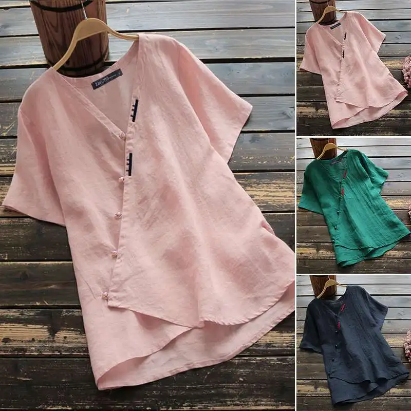  ZANZEA Summer Vintage Buttons Short Sleeve Shirt Women V neck Cotton Linen Blouse Robe Femme Work T