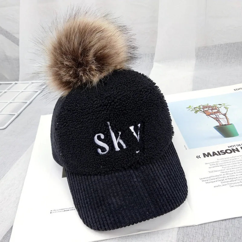 Cute Kids Letter Embroidery Baseball Cap Hat With Pompom Winter Warm Hat Girl Boy