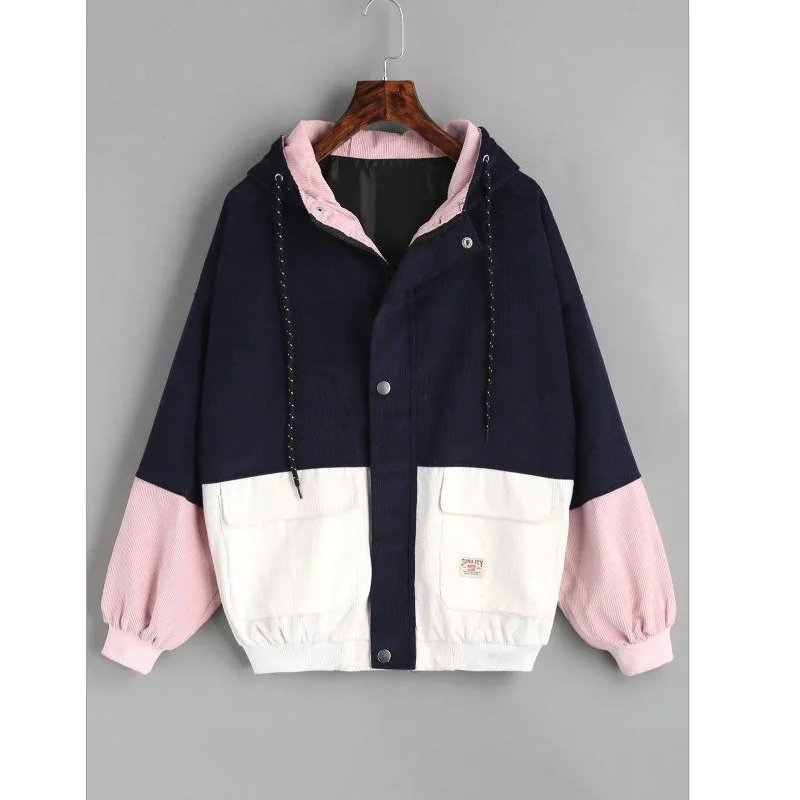 

2019 New Autumn Jacket Long-Sleeved Corduroy Patchwork Oversized Zipper Coat Windbreaker Jacket Female dropshipping