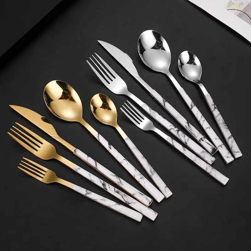 Stainless Steel Tableware Cutlery Set 5Pcs Knife Dessert Fork Spoon Teaspoon Marble Handle Dinnerware Kitchen Accessories