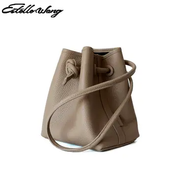 

New Genuine Leather Drawstring Bucket Bag Cowhide Single Shoulder Crossbody Bag Small Korean Japanese Handbag Designer Wholesale