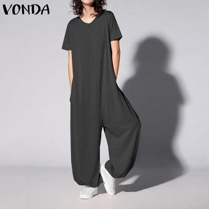 VONDA винтажные костюмы, женские комбинезоны повседневные Комбинезоны пляжного типа с короткими рукавами женские офисные комбинезоны большого размера свободные штаны