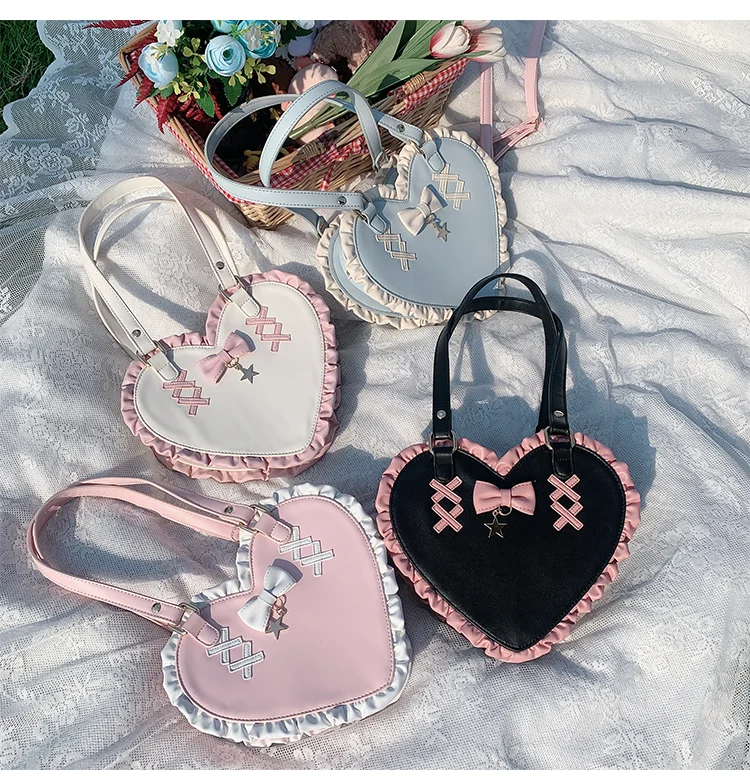 Kawaii Bow Knot Heart Shaped Design Purses and Handbags Women Lolita Shoulder Bag Stitching Color Leather Japanese Handbag New