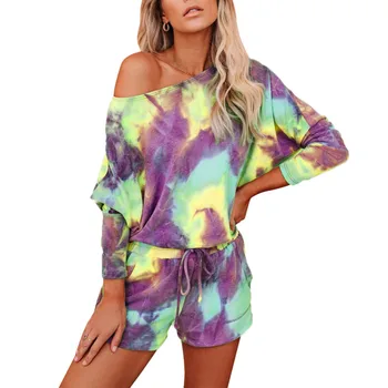 

Women Two Piece Tie Dye Pajamas Sets Summer Long Sleeve Tops Shorts Sleepwear Suit Home Female Casual Loose Sleepwear 2020 New