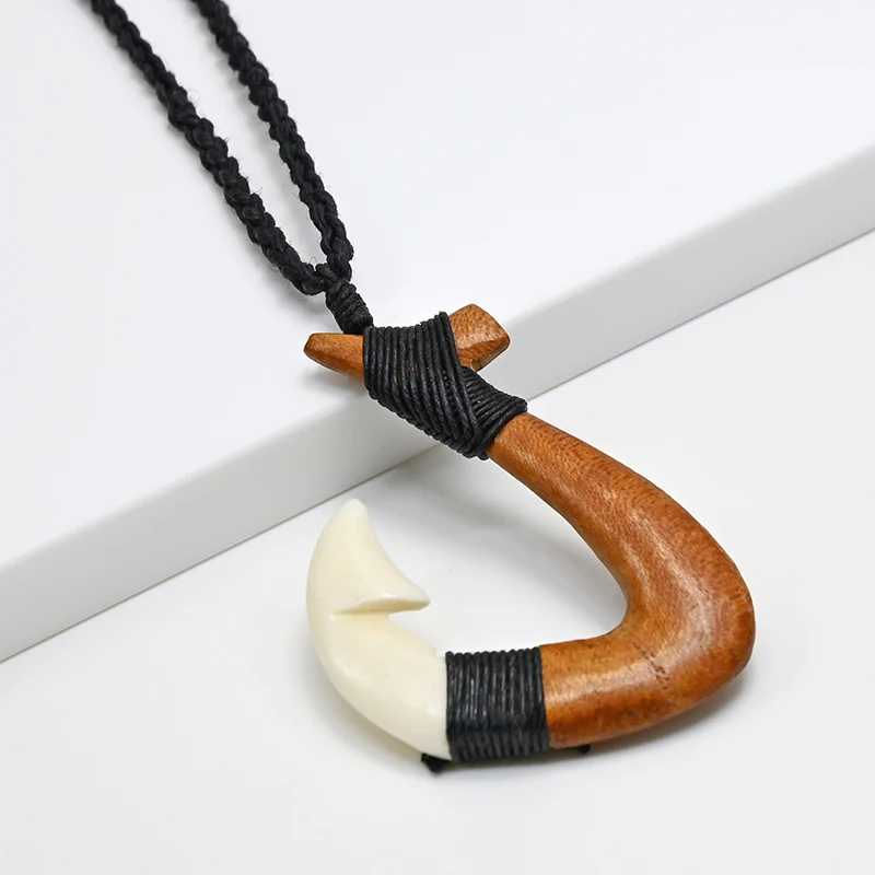 NGX060 Handmade Man Jewelry New Zealand Maori Tribes Pendant Yak Bone Wood  Fish Hook Hemp Rope Weaving winding Necklace Surfing