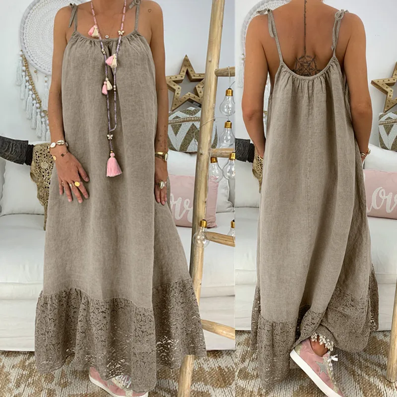 

Summer Loose Spaghetti Strap Maxi Slip Dress Beach Long Lace Lady Vestidos Solid Large Sundress Sleeveless Backless Linen Dress