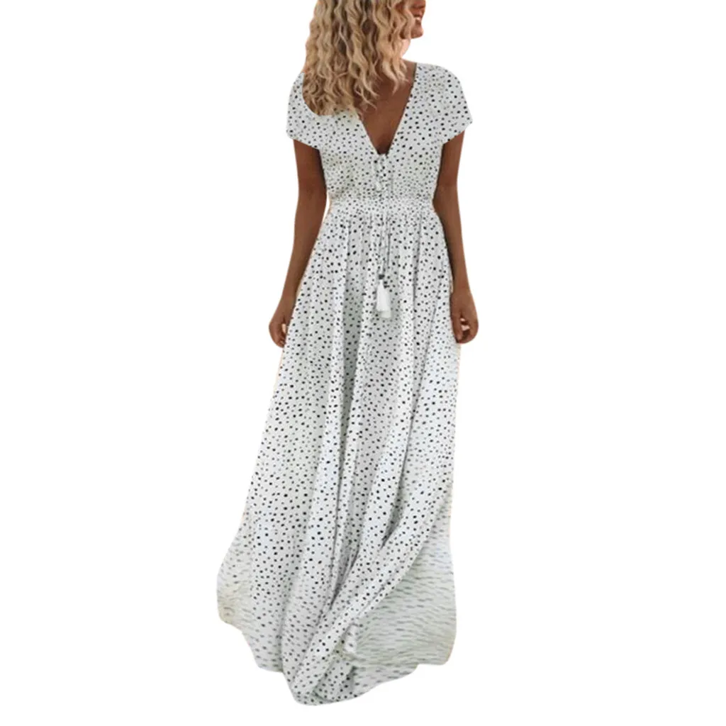 Vrouwen Zomer Korte Mouw точечный принт V-hals Lange Jurk Strand платье макси Vestido De Noiva Sereia Manga Longa |