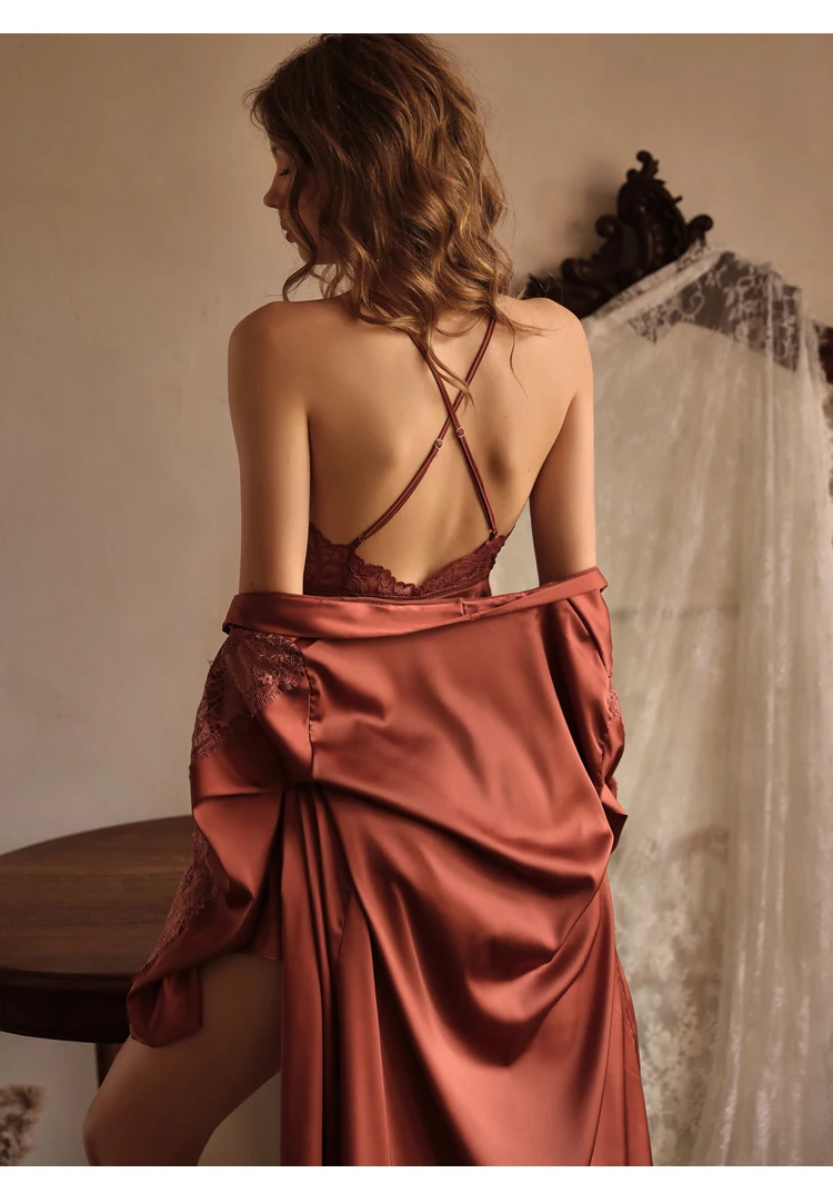 CINOON Sexy Silk Nightgown Embroidery Lace Bath Gown Nightdress Summer Sleepwear Wedding Night Dress Robe With Belt Home Clothes Nightwear (2)