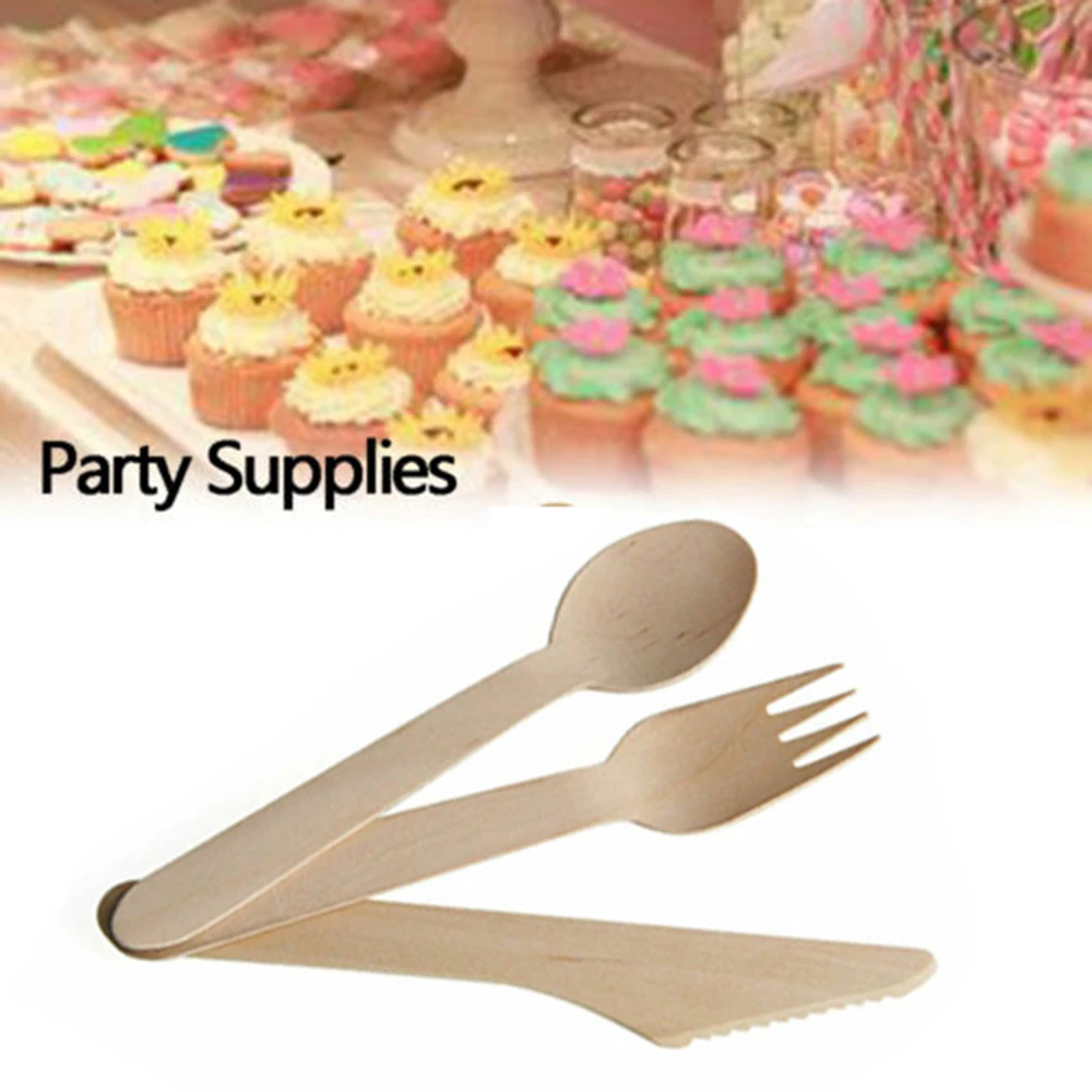 

100pcs/set Bamboo Wooden Cutlery Biodegradable Knives Forks Spoons Disposable Dinnerware Set Kitchen Tableware