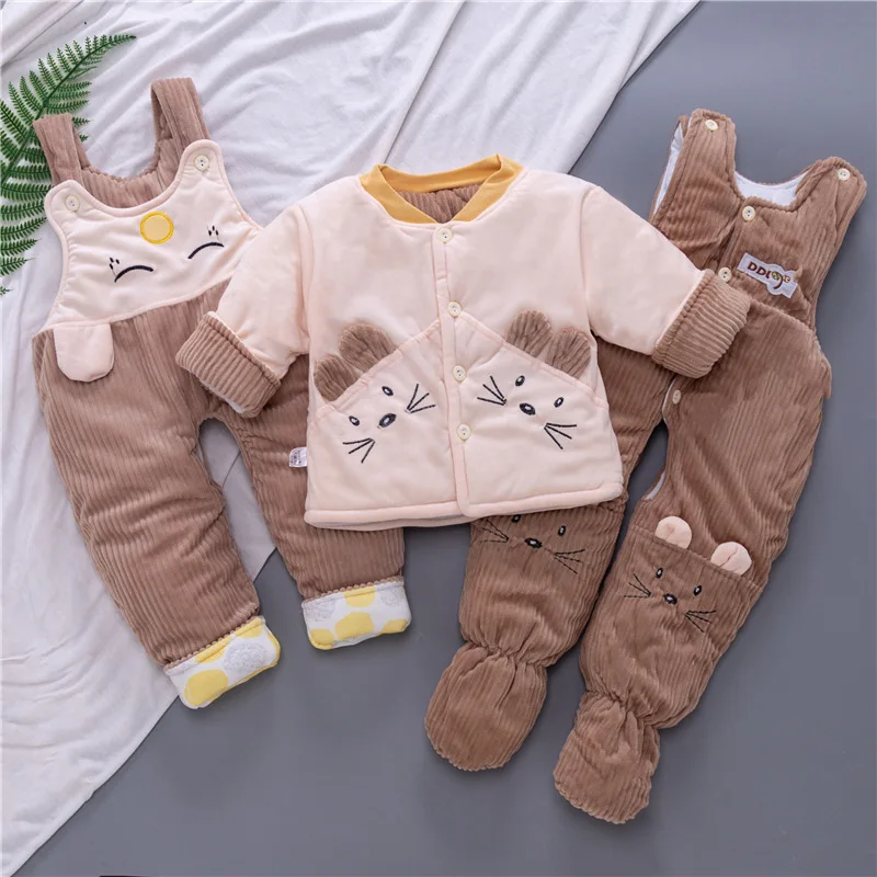 WEPBEL 3Pcs Winter Warm Infant Toddler Baby Cotton Jacket Coat Straps Thickening Pants Newborn Baby Outfits for Boys Girls