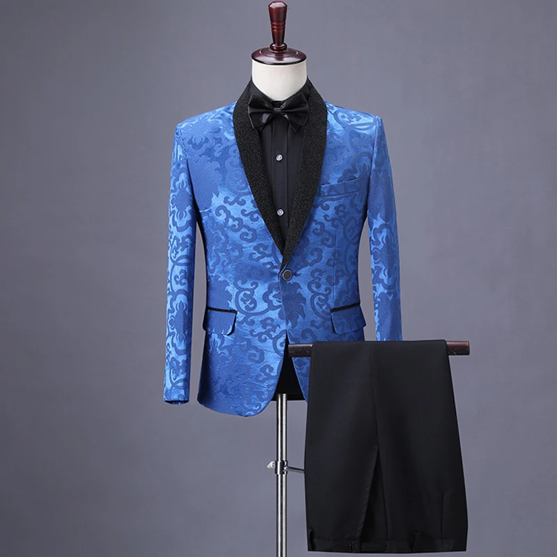 Royal Blue Свадебные костюмы для мужчин с цветочным узором и воротником-шалью, коллекция года, мужские костюмы с одной пуговицей и брюками, вечерние костюмы для выпускного бала, смокинги для певицы, жениха - Цвет: Royal Blue
