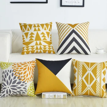 

Yellow Geometric Cushion Cover Grey Grid Decorative Cushion Covers Cotton Linen Throw Pillow Chair Sofa Home Decor Pillow Case