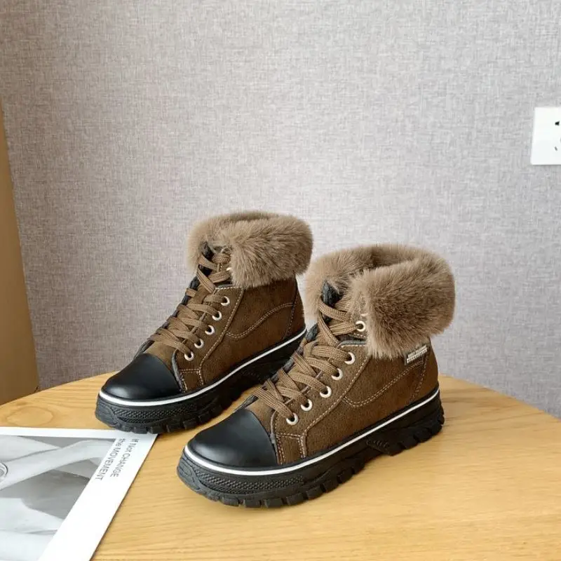 FITWEE Women Ankle Boots Winter Keep Warm Fur Flats Shoes Women Casual Lace Up Round Toe Fashion Party Short Boots Size 35-39