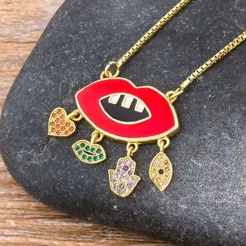 

New Trendy Micro Pave CZ Cubic Zircon Lip Mouth Palm Heart Shape Copper Pendant Necklace For Women Girls Fashion Party Jewelry