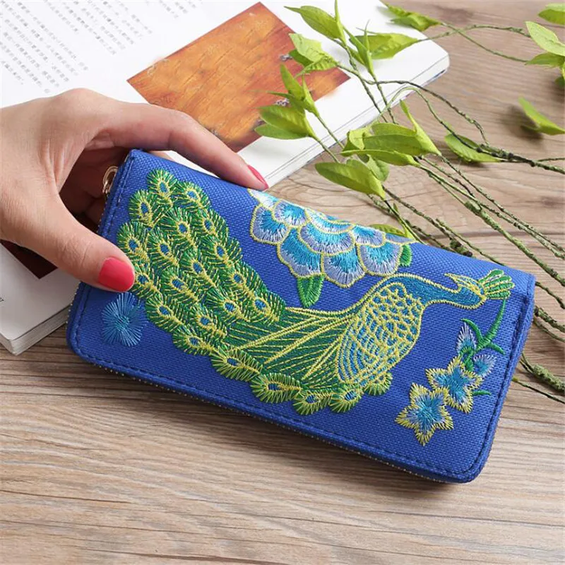 New Women's Double-sided Embroidery Coin Purse Ethnic Style Peacock Wallet Zipper Clutch