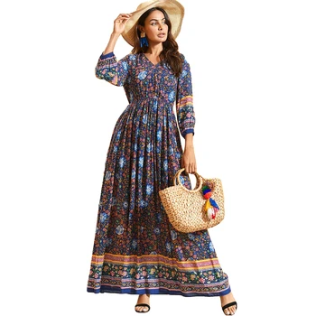 

Bohemian Floral Women Plus Size Long Dress Muslim Fashion Summer Ladies Abaya Kaftan Robe Turkish Dubai Caftan Robe Clothing New
