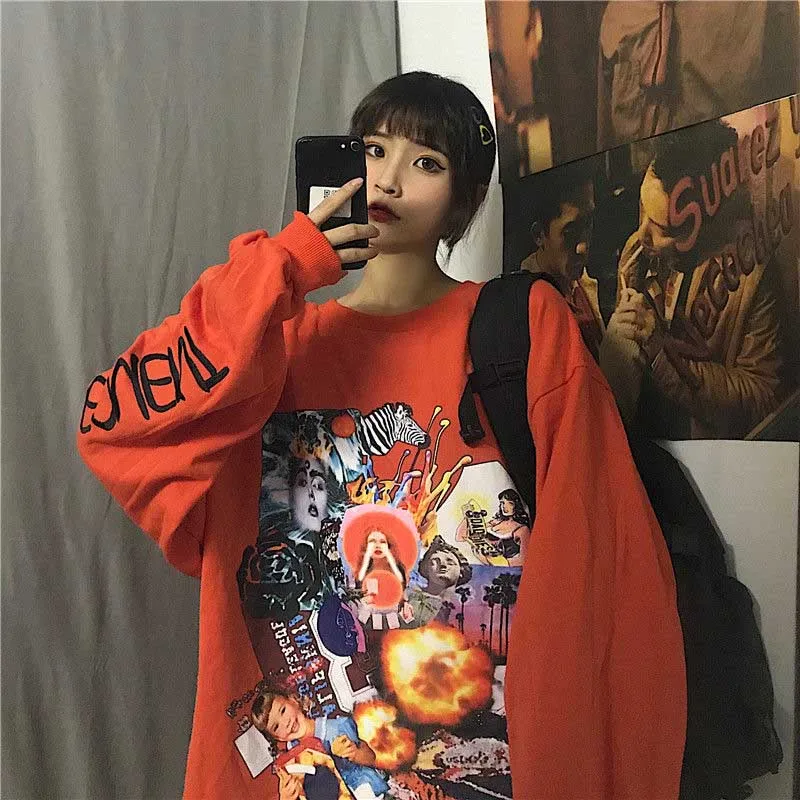  NiceMix Harajuku Style Poster Graffiti Print hoodies Autumn streetwear Loose Long Sleeve pullover T