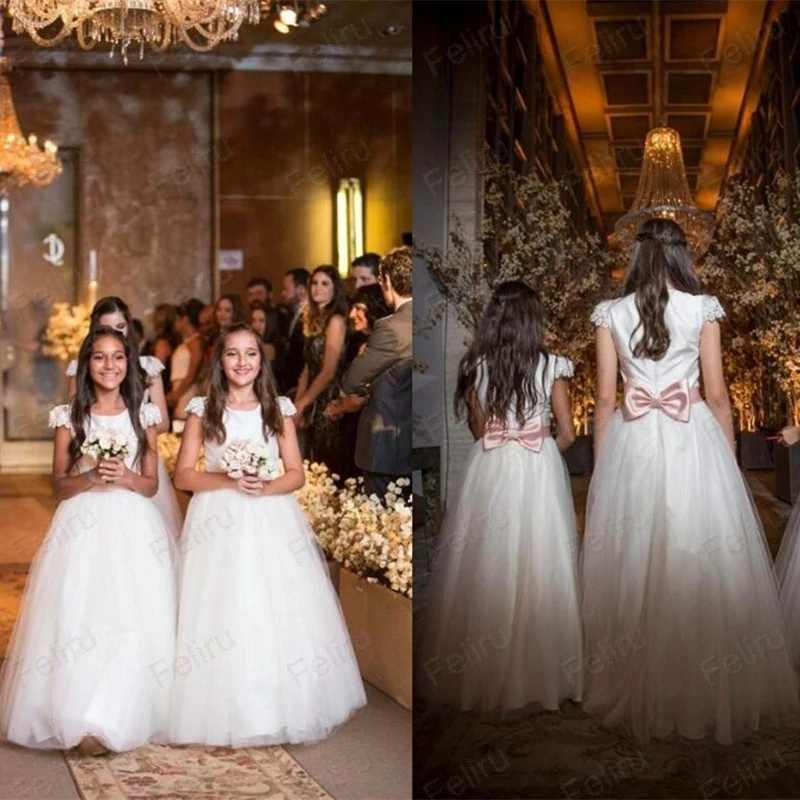 shuiyin45 (2)Jewel Neck Capped Sleeves Flower Girls Dresses For Weddings Lace Sleeves Zipper Back with Bow Satin Kids Formal Wear First Communion Dress