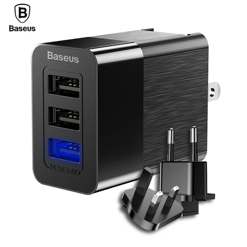 Baseus 3 в 1 USB зарядное устройство 3 порта EU US UK вилка для iphone X samsung S9 2.4A сменная вилка портативное зарядное устройство для путешествий