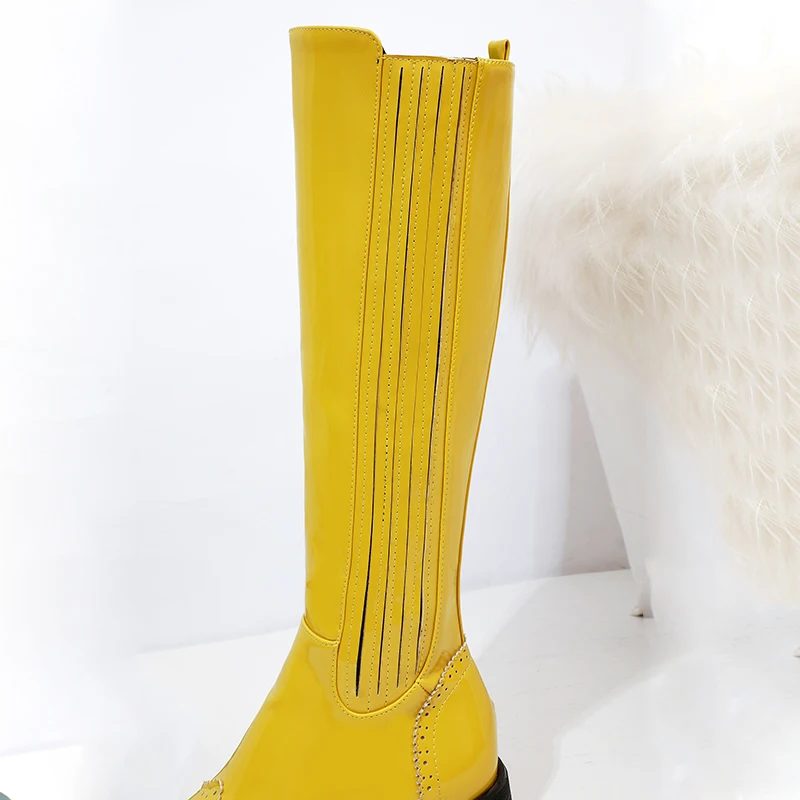Rimocy/пикантные сапоги до колена из лакированной кожи; женские модные высокие сапоги на массивном каблуке в стиле панк; женская желтая кожаная обувь
