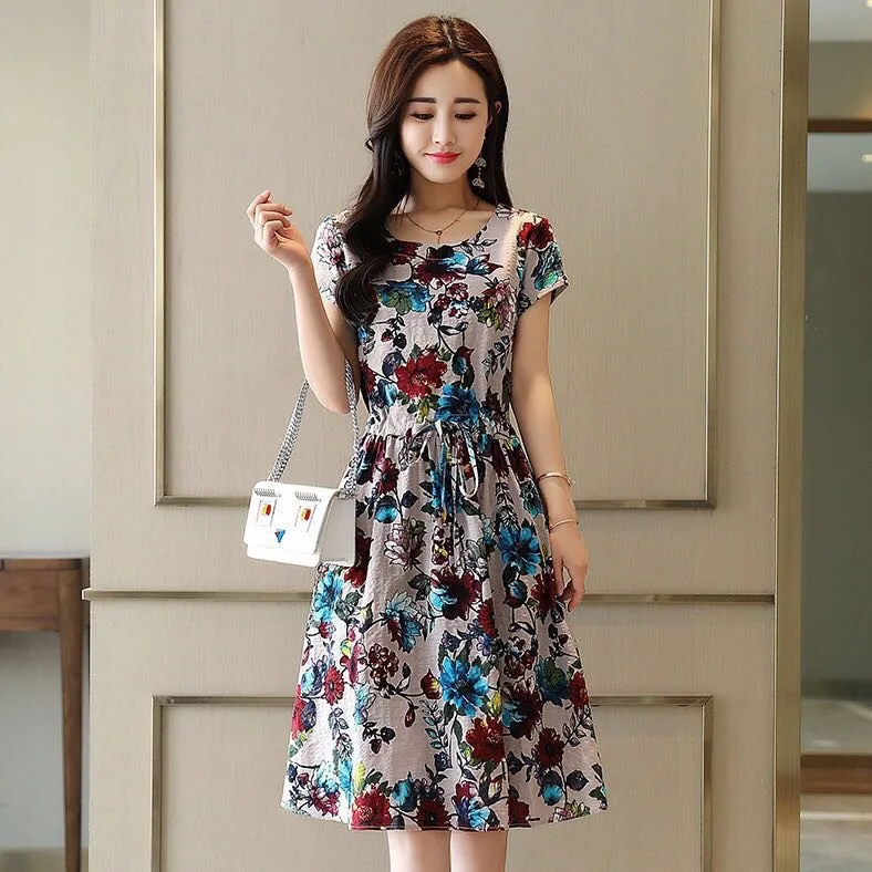 

2019 Summer Hot Selling New Style Loose-Fit Mid-length Dress Short Sleeve Crew Neck Printed WOMEN'S Dress Casual A- line Skirt F
