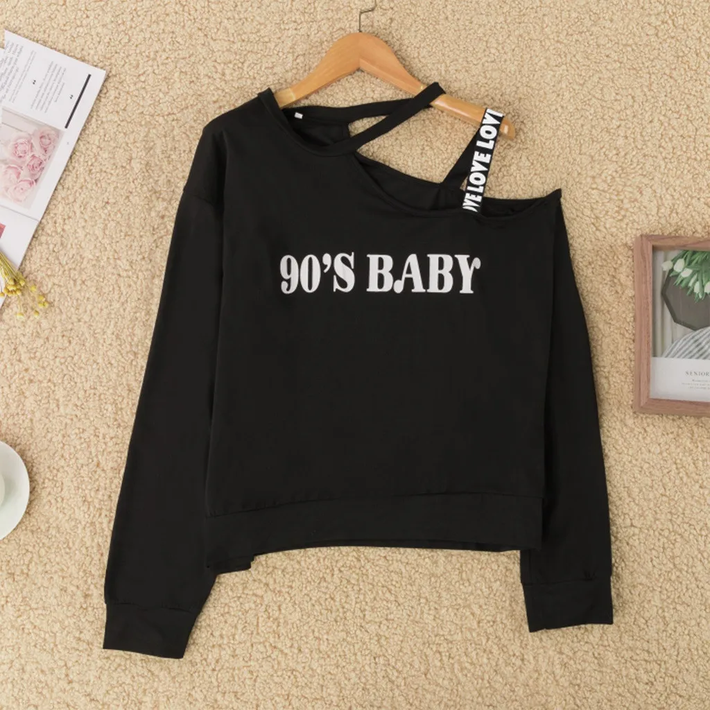 Женская толстовка с открытыми плечами, пуловеры черного цвета в стиле 90, детский джемпер с буквенным принтом и длинным рукавом в стиле хип-хоп, бандажный верх с лямками, moletom